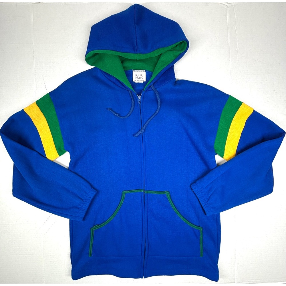 VTG 80s Topic Knits‎ Zip Up Hoodie Small Blue Green Yellow Talon USA Brazil EUC